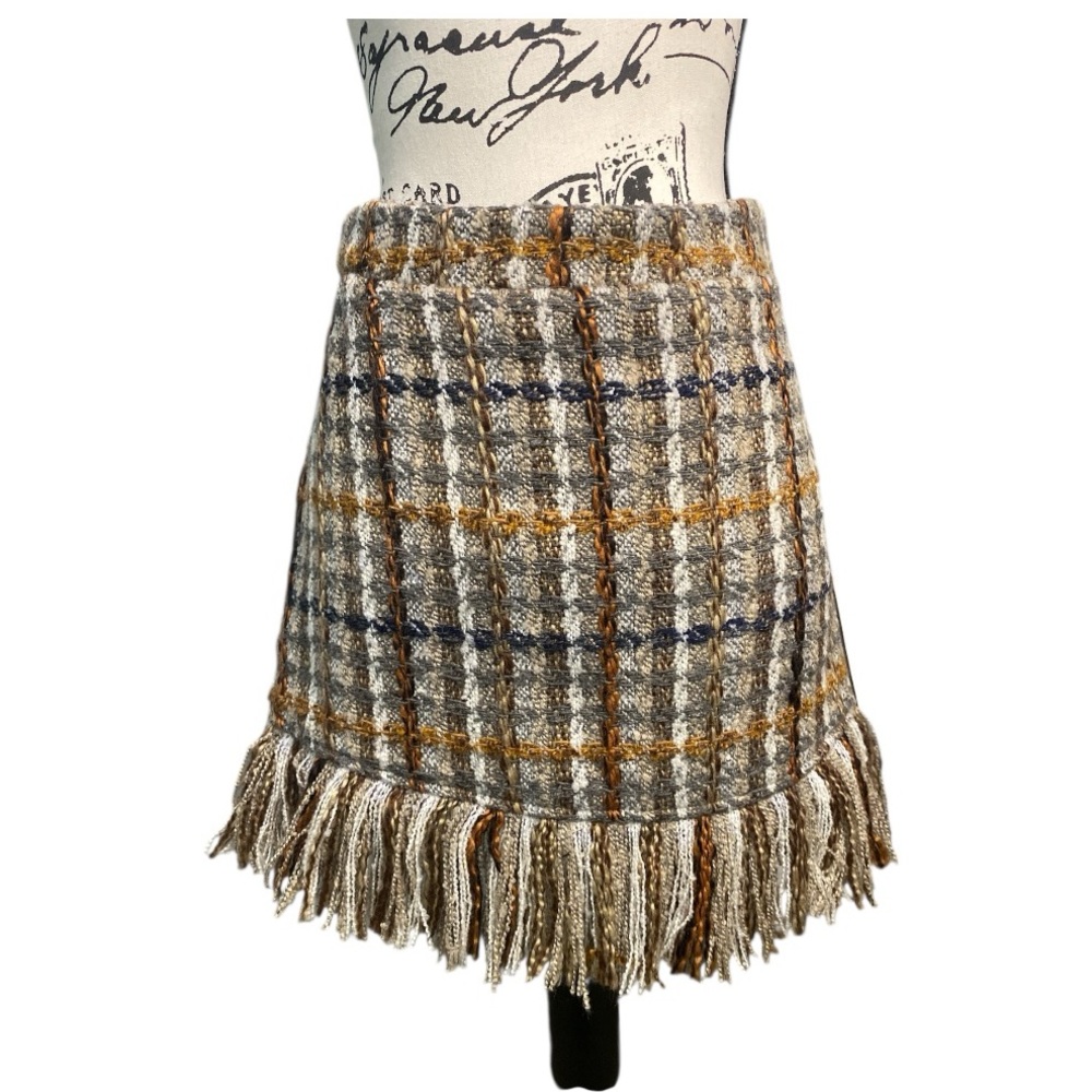 NWT Tweed Plaid Mini Skirt Fringe Trim Gray Mustard British Countrywear Sz Small